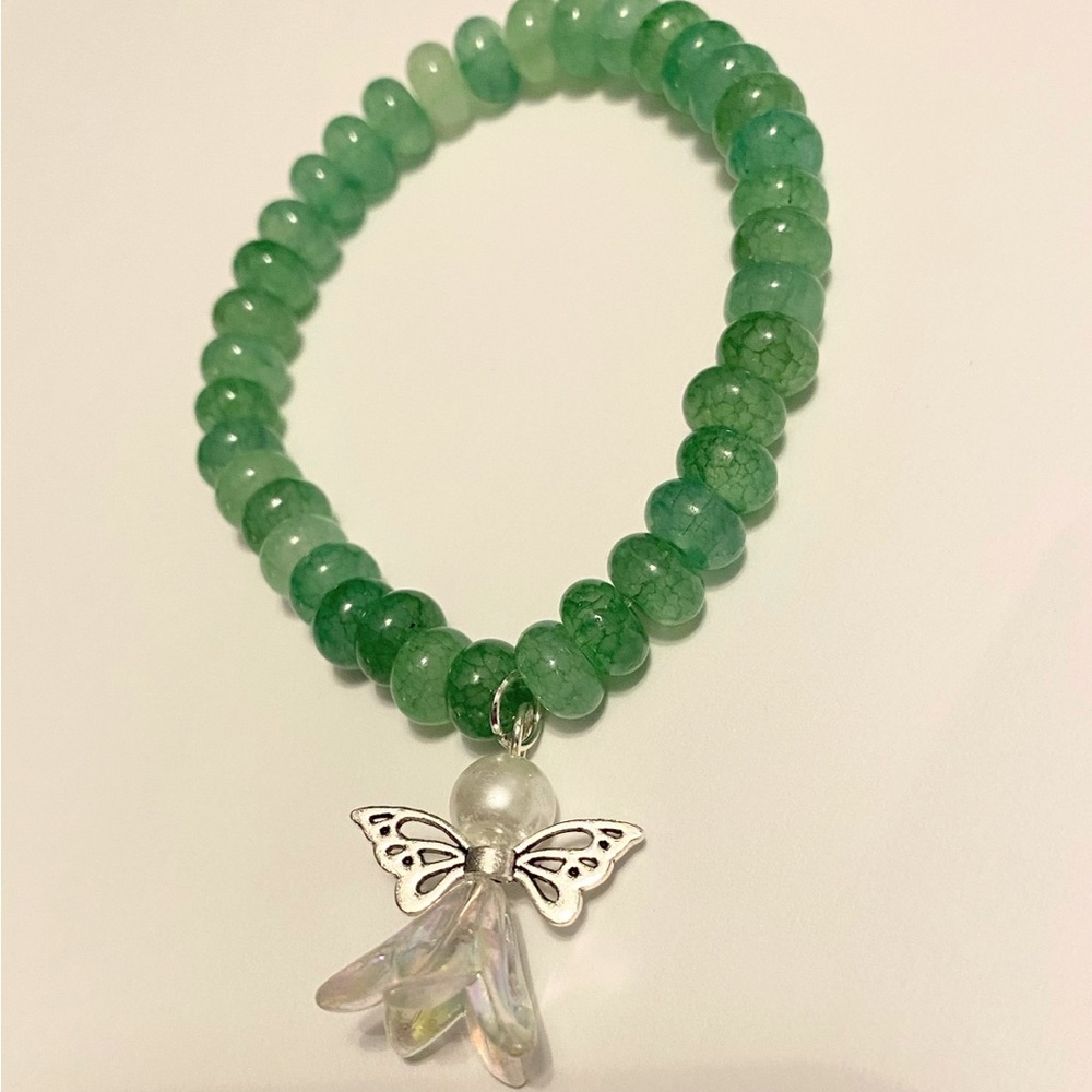 Green Agate Beaded Bracelet with Silver Angel Charm